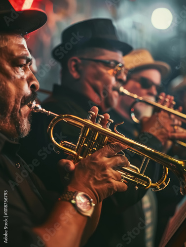 salsa music group, trumpeter, bongo players, people playing instruments, behind an elegant red curtain