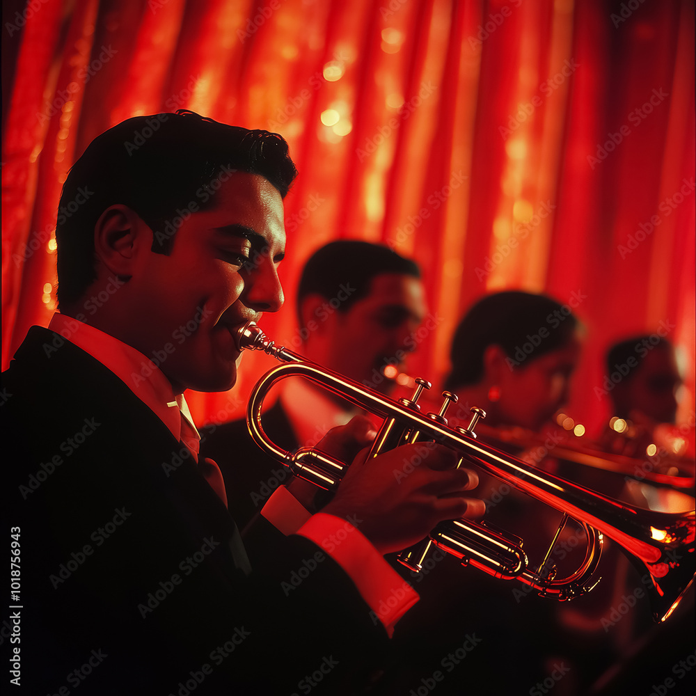 Obraz premium salsa music group, trumpeter, bongo players, people playing instruments