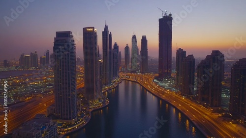 Panoramic view of a modern city skyline with skyscrapers and a waterway at dusk.