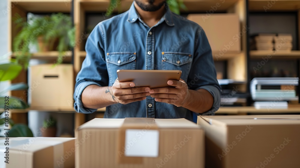 Close up of male entrepreneur holding digital tablet while standing in office Close up of male entrepreneur holding digital tablet while standing in office