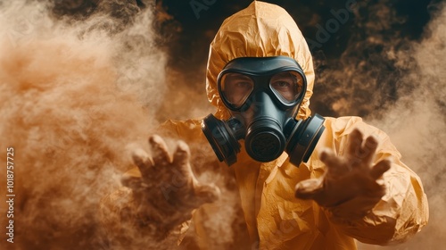 A figure in a yellow protective outfit and gas mask extends hands into a cloud of swirling smoke, illustrating interactions with enigmatic and challenging conditions. photo