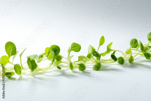 Illustrate a single vine of sunflower sprouts intertwined with luscious pea shoots, viewed from a perspective close to the ground, against a clean white surface.,