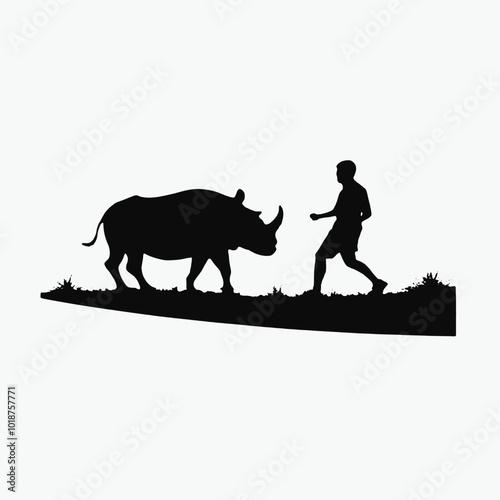 A silhouette of a person herding a rhinoceros in a grassy field 