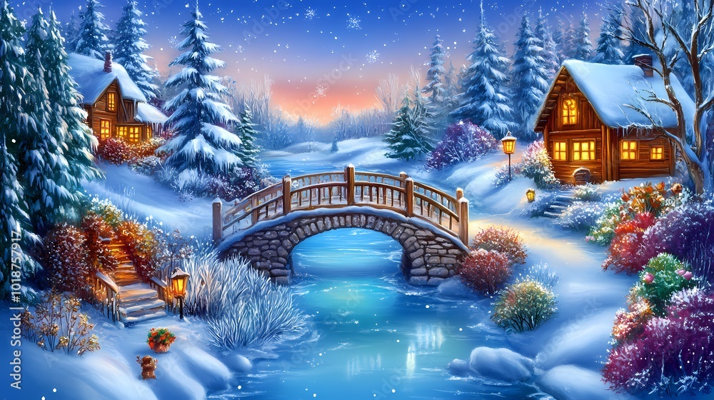 Fototapeta premium Vintage Winter Landscape Oil Painting in HD