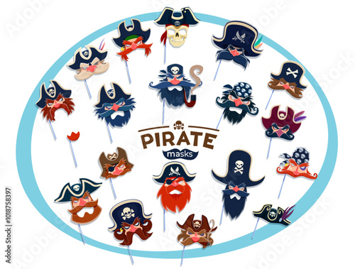 Pirate carnival and photo booth masks of corsair sailor in tricorne hats, vector props. Pirate masquerade or photobooth masks of captain with eyepatch and sailor in bandana with Jolly Roger skull