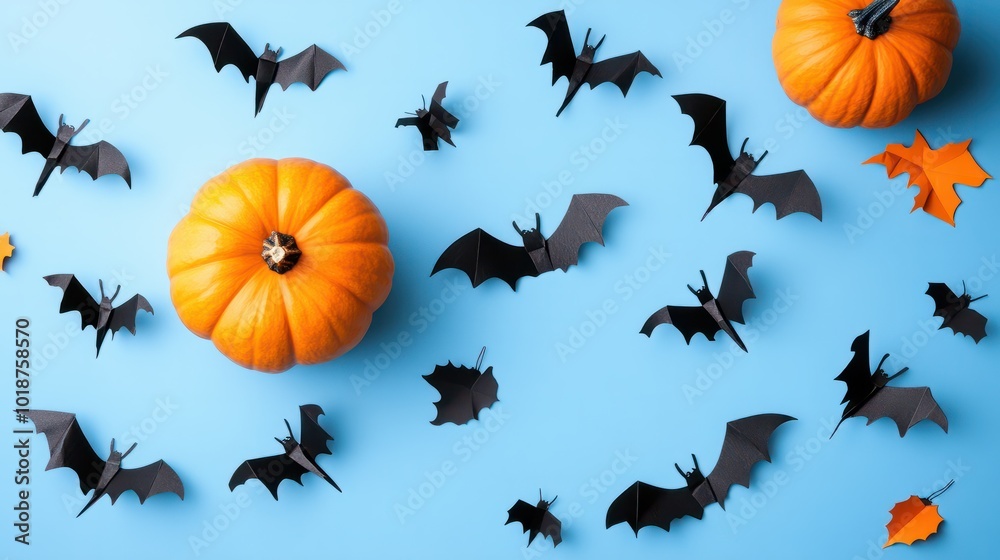 Halloween decorations made from pumpkin, paper bats and black spider on pastel blue background. Flat lay, top view with copy space for text.