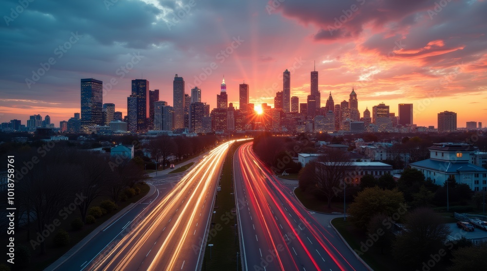 Fototapeta premium Twilight cityscape with illuminated highways and skyscrapers in during sunset
