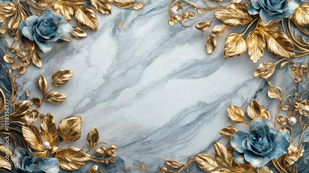 Golden Leaves and Blue Roses on Marble Background Golden Leaves and Blue Roses on Marble Background