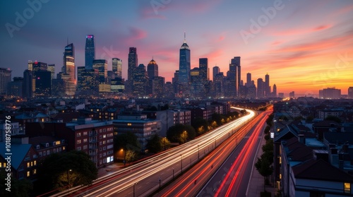 Twilight cityscape with illuminated highways and skyscrapers in during sunset