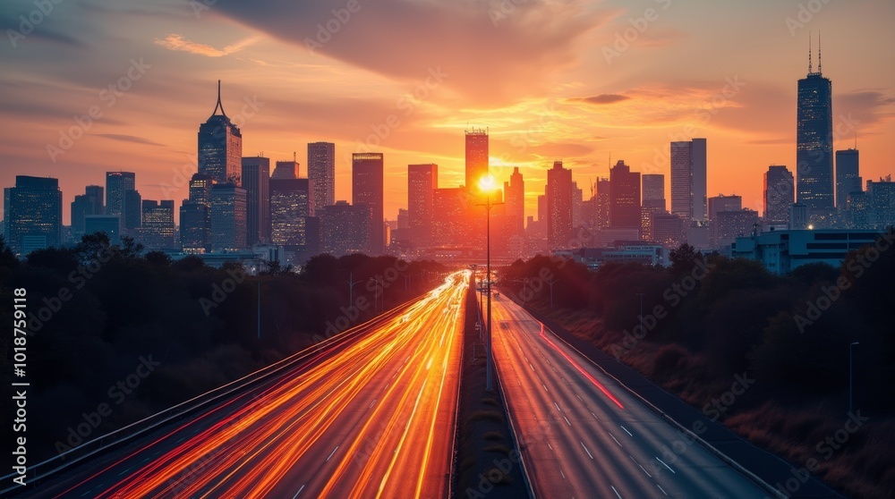 Twilight cityscape with illuminated highways and skyscrapers in during sunset Twilight cityscape with illuminated highways and skyscrapers in during sunset