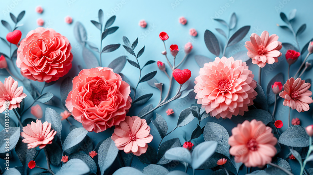 Delicate Pink Flowers and Hearts on Blue Valentine Background
