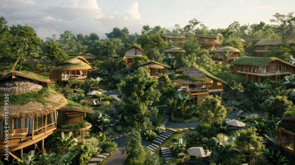 A picturesque eco-village surrounded by nature, where residents live sustainably through eco-friendly construction and renewable energy A picturesque eco-village surrounded by nature, where residents live sustainably through eco-friendly construction and renewable energy
