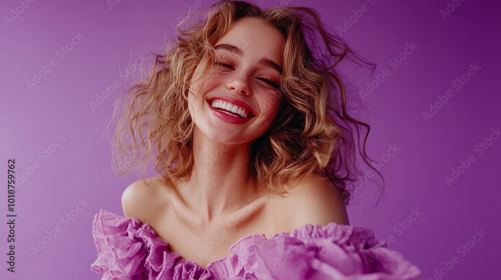 Gorgeous girl in a purple studio, her light-brown curling hair bouncing with a smile. Indoor portrait of a motivated Caucasian woman wearing a beautiful attire and beaming with joy