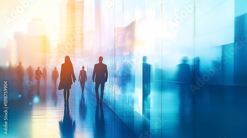 Silhouettes of people walking in a city street with a glass facade building reflecting the cityscape and the sunset.