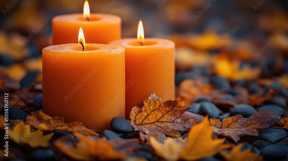 The warm flicker of orange candles illuminates a bed of colorful autumn leaves and sleek pebbles, creating a peaceful outdoor ambiance The warm flicker of orange candles illuminates a bed of colorful autumn leaves and sleek pebbles, creating a peaceful outdoor ambiance