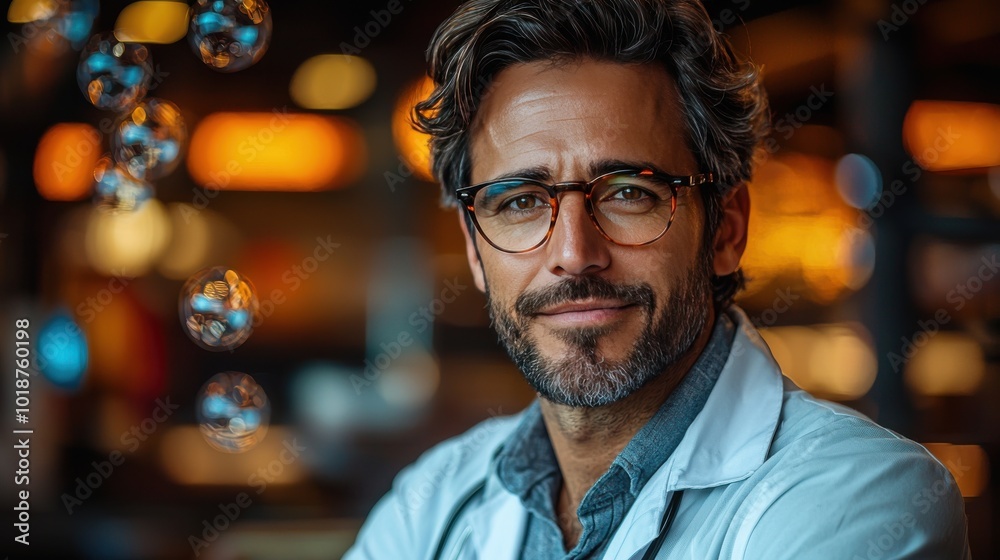 A confident male doctor in a white coat smiles while seated in a warm and inviting office during the evening hours A confident male doctor in a white coat smiles while seated in a warm and inviting office during the evening hours