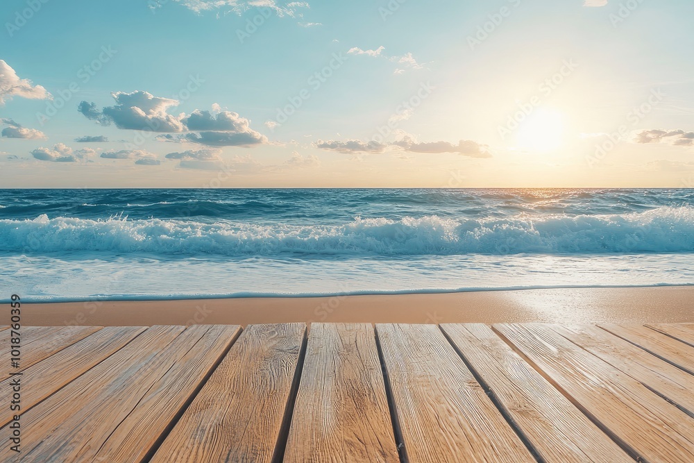 Empty natural summer beach view with ocean waves and wooden deck in the foreground, summer vacations background with generative ai Empty natural summer beach view with ocean waves and wooden deck in the foreground, summer vacations background with generative ai