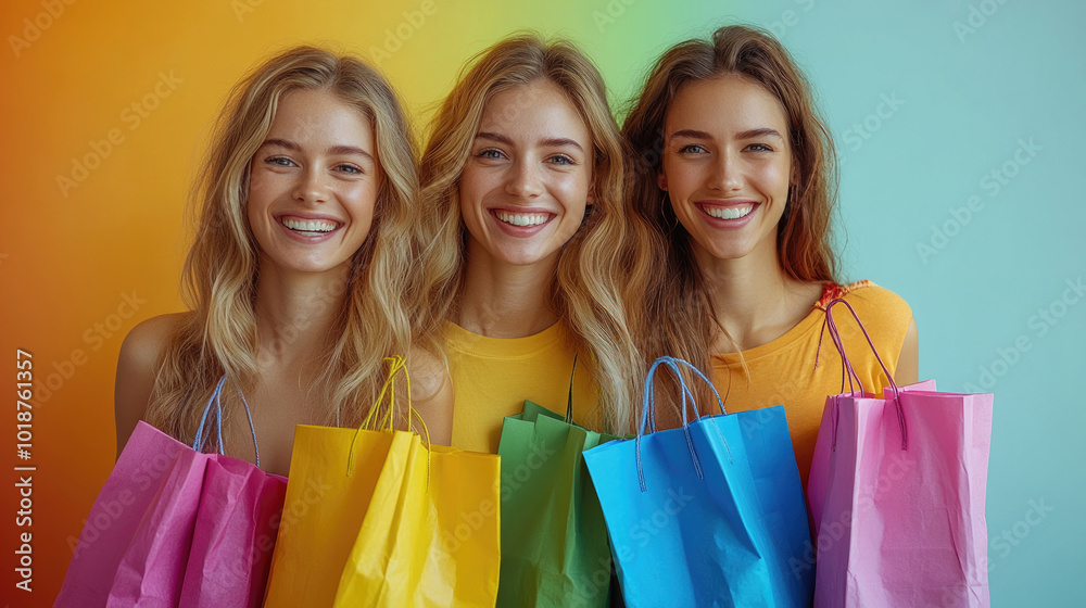 Three joyful young women stand together, holding brightly colored shopping bags, with a lively gradient backdrop enhancing their smiles Three joyful young women stand together, holding brightly colored shopping bags, with a lively gradient backdrop enhancing their smiles