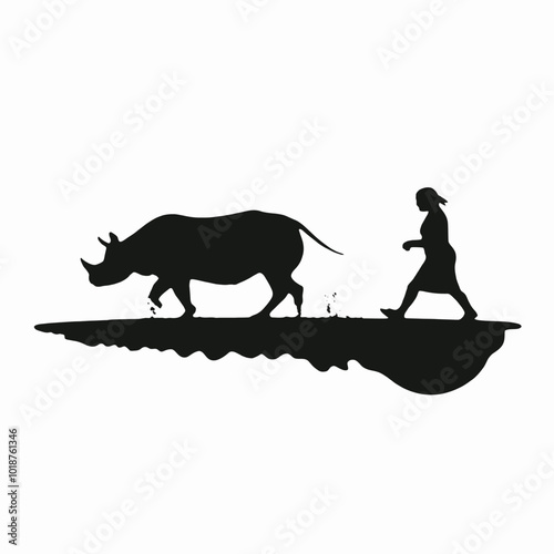 A silhouette of a person herding a rhinoceros in a grassy field 