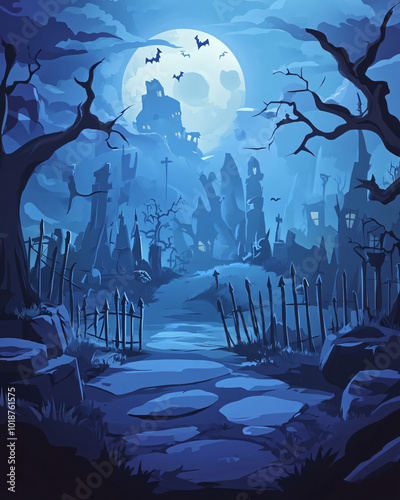 halloween themed cartoon background, mobile format 4:5, pumpkin, autumn, moon, night, bat, horror, spooky, illustration, vector, scary, cartoon, dark, tree, orange, celebration, october, witch, 4:5