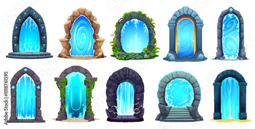 Fantasy game magic portal, cartoon fairytale doors set. Vector gates, doorways and gateways to worlds of adventure, teleportation, and time-travel. Mystical energy plasma light framed in stone arches