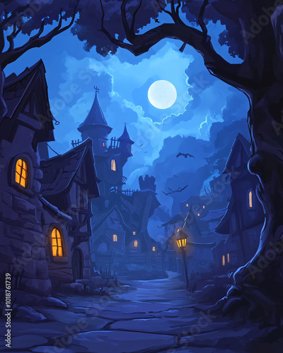 halloween themed cartoon background, mobile format 4:5, pumpkin, autumn, moon, night, bat, horror, spooky, illustration, vector, scary, cartoon, dark, tree, orange, celebration, october, witch, 4:5