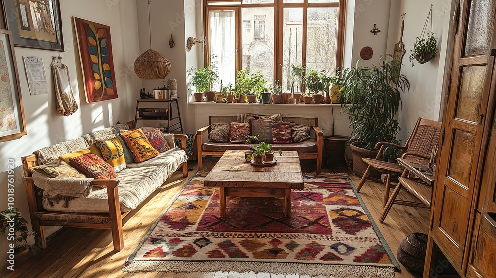 An inviting bohemian living room with carefully selected wooden furniture and cozy textiles. The interior design showcases a blend of traditional and modern elements, creating a warm An inviting bohemian living room with carefully selected wooden furniture and cozy textiles. The interior design showcases a blend of traditional and modern elements, creating a warm