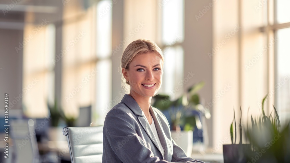 A professional woman smiling at her workplace, surrounded by plants and natural light coming through large windows, representing a positive work environment. A professional woman smiling at her workplace, surrounded by plants and natural light coming through large windows, representing a positive work environment.