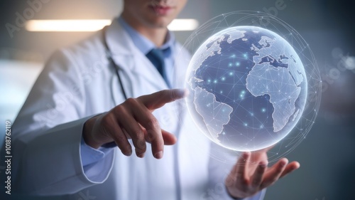 A professional in a lab coat interacting with a holographic globe, symbolizing global health and innovative technology in medicine and research. photo