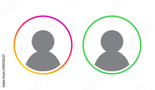 Two user profile silhouettes with different gradient backgrounds indicating published story or reel for public or for the circle of close friends. User interface design. Vector illustration. 