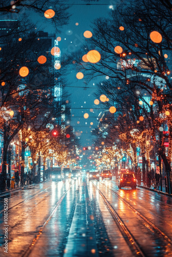 A busy urban street glistens with reflections as raindrops fall, illuminated by colorful lights and a gentle snowfall on a lively night