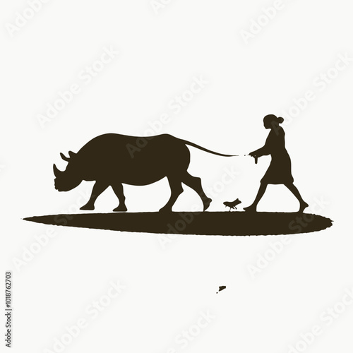 A silhouette of a person herding a rhinoceros in a grassy field 