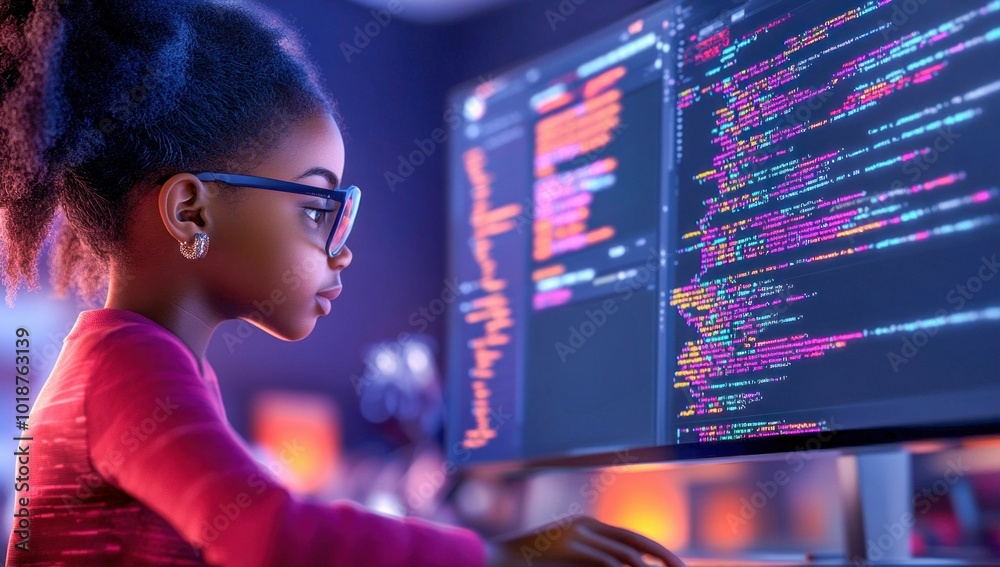 Girl Coding on Computer in Dark Room