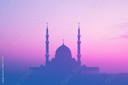 A minimalist Islamic mosque silhouette with crescent-topped minarets, set against a soft gradient background of blues and purples, symbolizing peace and spirituality