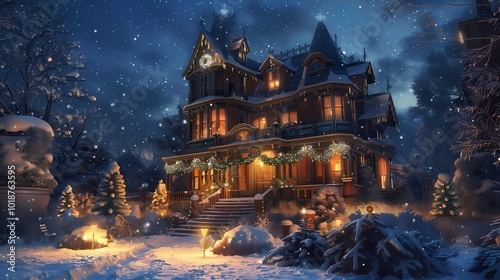 Grand Victorian Mansion on a Snowy Christmas Night