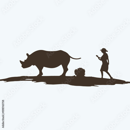 A silhouette of a person herding a rhinoceros in a grassy field 