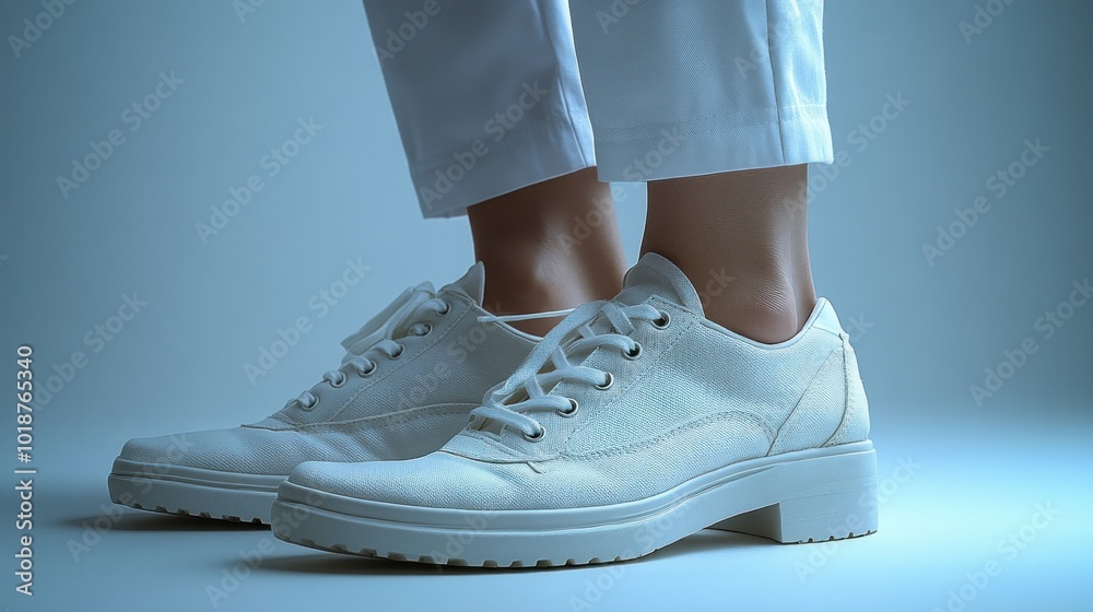 A model showcases trendy white sneakers under calming blue light A model showcases trendy white sneakers under calming blue light