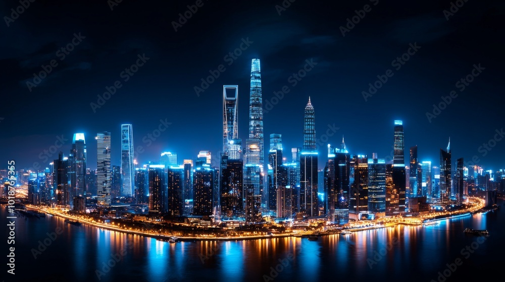 Fototapeta premium Stunning Night View of Shanghai Skyline Illuminated