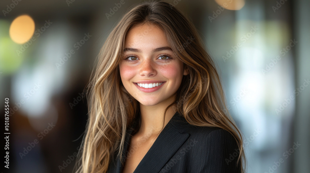 Fototapeta premium A young woman with wavy hair and a cheerful smile poses in a stylish black blazer, surrounded by a bright and inviting atmosphere