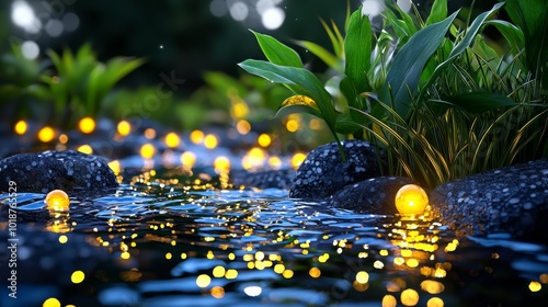Tranquil Evening Reflections in a Garden Stream