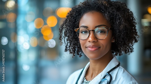 A confident healthcare professional in a modern clinic, wearing glasses and a stethoscope, ready to assist patients photo