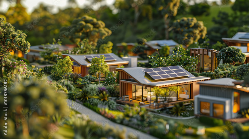 A rural community powered by a renewable energy microgrid, with modern homes and clean energy solutions. Bright, innovative tone. A rural community powered by a renewable energy microgrid, with modern homes and clean energy solutions. Bright, innovative tone.