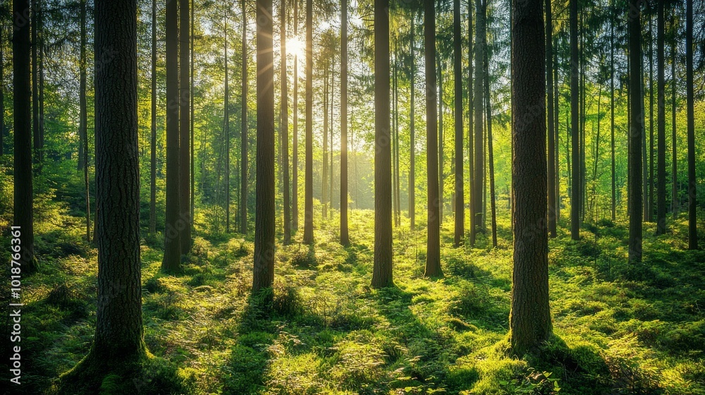 Obraz premium Sunlight streams through tall trees in a lush green forest, illuminating the mossy ground.
