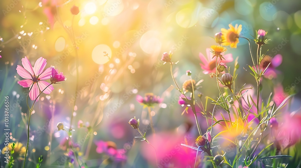Flower meadow with sun flare and bokeh effect Flower meadow with sun flare and bokeh effect