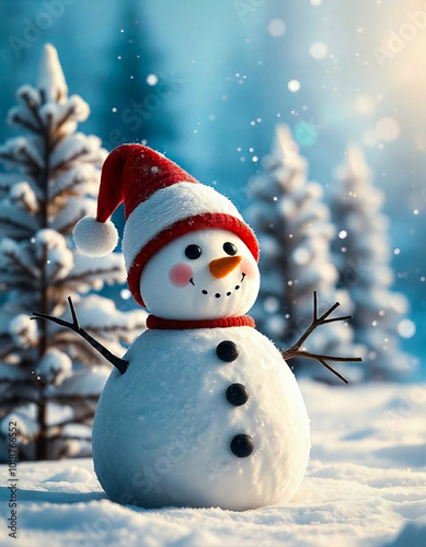 a snowman wearing a hat and scarf in the snow