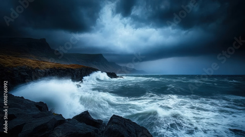 stormy night over rocky coastline with dramatic waves crashing against shore creates powerful and intense atmosphere. dark clouds loom overhead, enhancing sense of natures raw energy