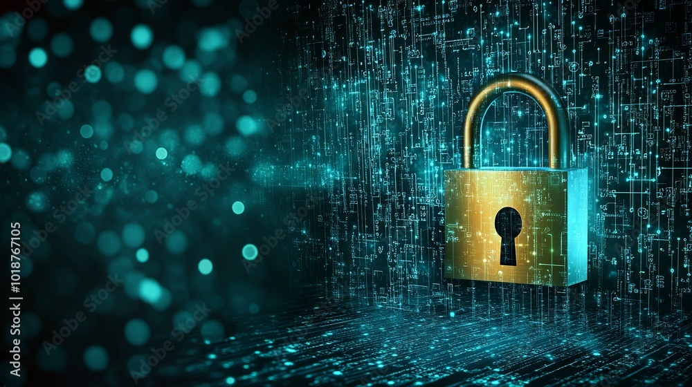 Cybersecurity concept with a closed padlock on a digital background. The padlock represents strong protection and security measures to safeguard sensitive data Cybersecurity concept with a closed padlock on a digital background. The padlock represents strong protection and security measures to safeguard sensitive data