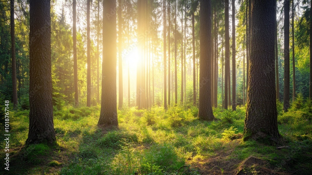 Sunlight streams through the trees in a lush green forest. Sunlight streams through the trees in a lush green forest.