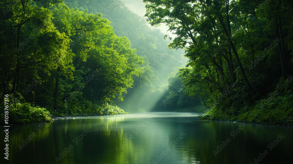 tranquil river flowing through dense forest, surrounded by lush greenery and soft light filtering through trees, creates serene and peaceful atmosphere