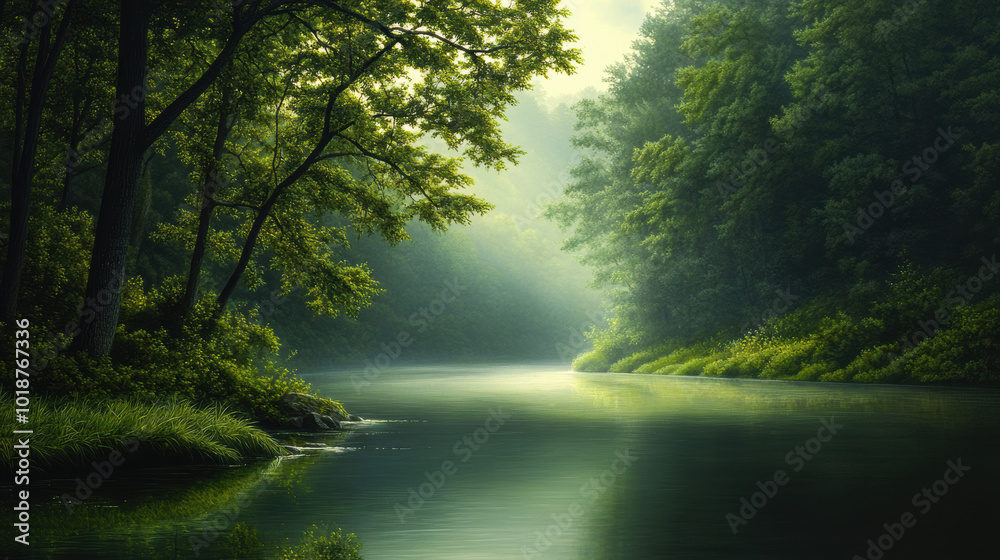 tranquil river flowing through dense forest, surrounded by lush greenery and soft light. serene atmosphere invites peace and reflection, making it perfect escape into nature